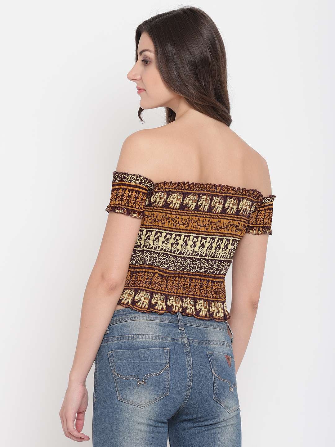 Women's Rayon Printed Off-Shoulder Smocked Crop Top Short Sleeve Casual Styles Tank Top (FREE SIZE) Multi5 - Image 2