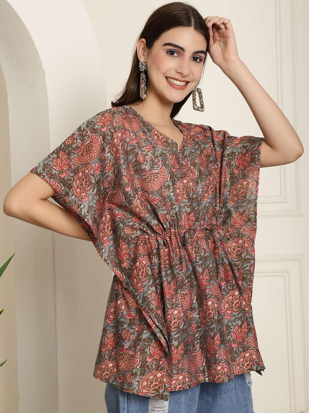 Women's Chanderi Printed Kaftan Top With Bell Sleeve Dress (Multti Color2) - Image 2
